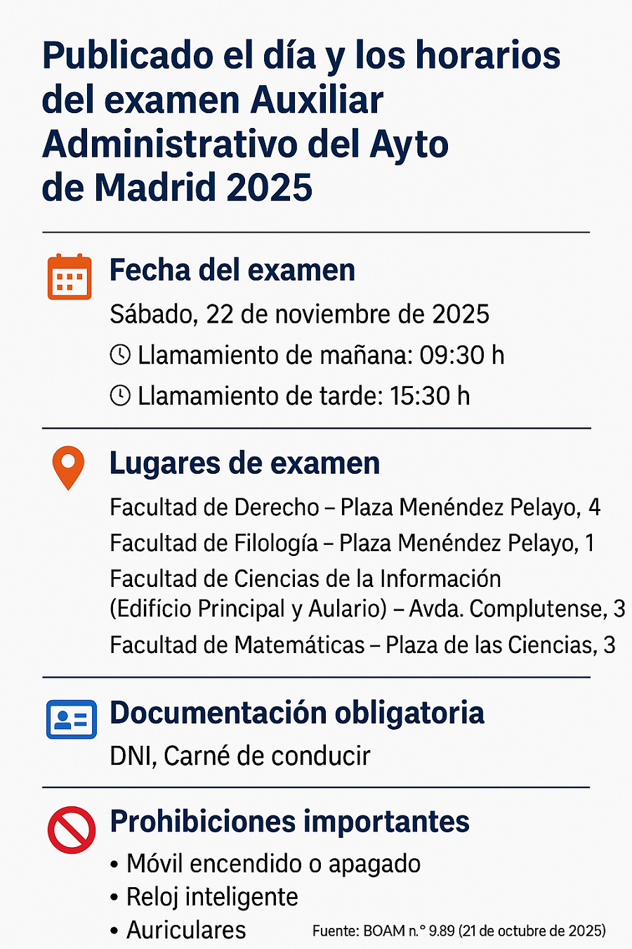 fecha y horarios examen auxiliar ayuntamiento de madrid