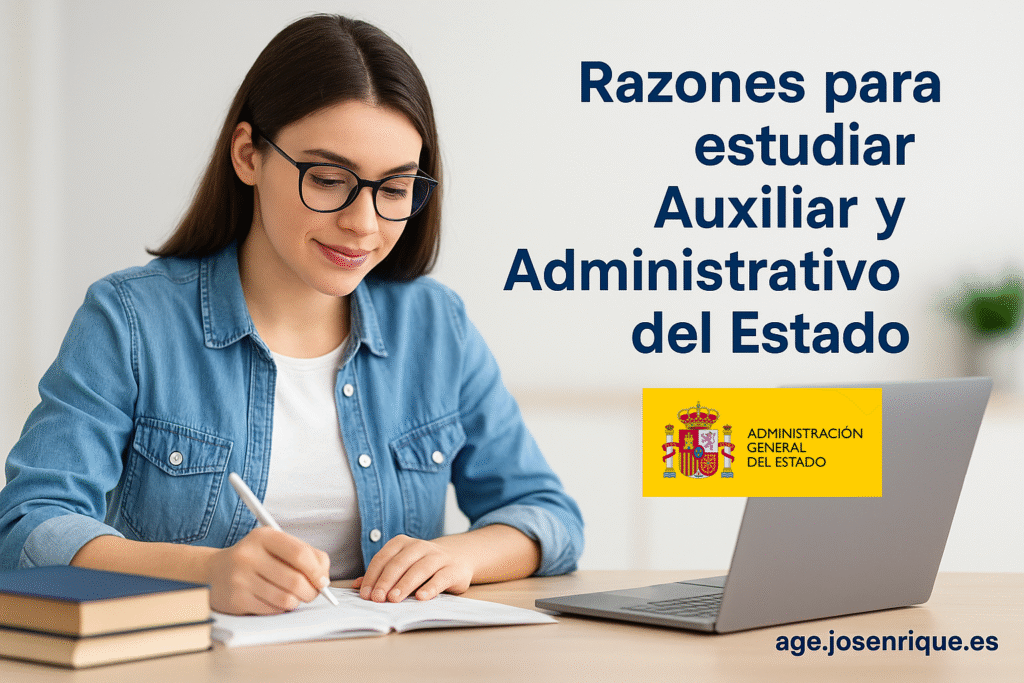 Opositora estudiando con libros y portátil, imagen sobre las razones para preparar Auxiliar y Administrativo del Estado con enlace a age.josenrique.es