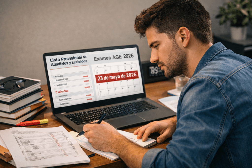 opositor revisando lista provisional admitidos excluidos y fecha examen AGE 2026