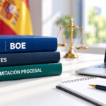 Temario de Tramitación Procesal con libros del BOE, legislación, ordenador y bandera de España