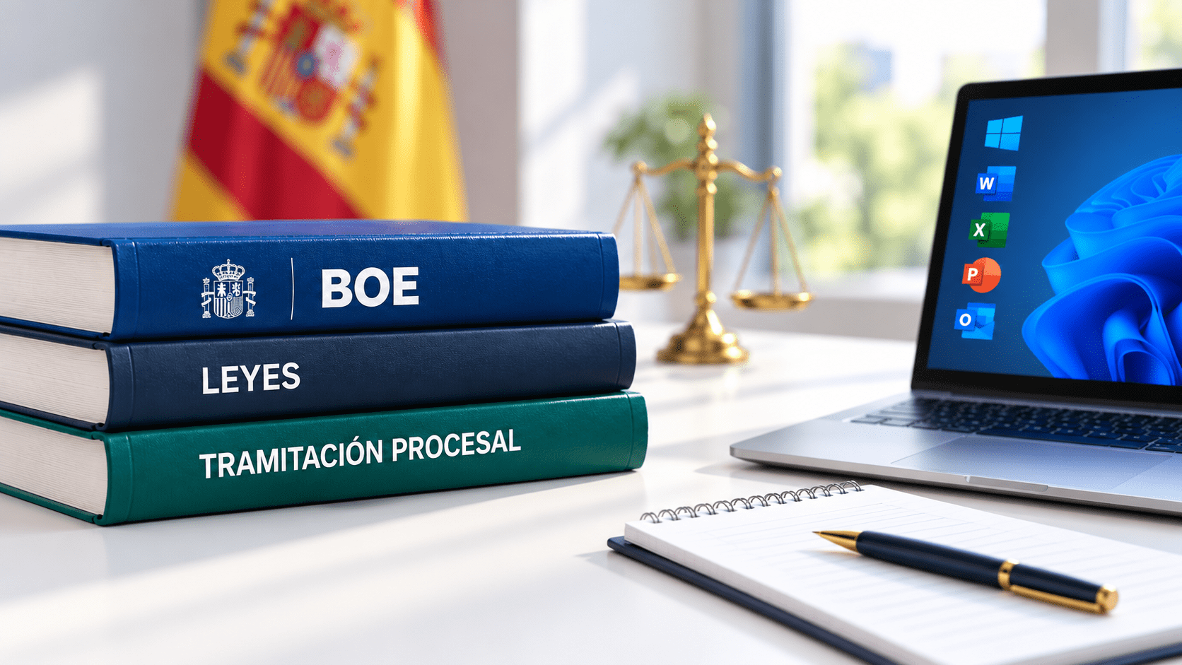 Temario de Tramitación Procesal con legislación del BOE, bandera de España y ordenador para informática